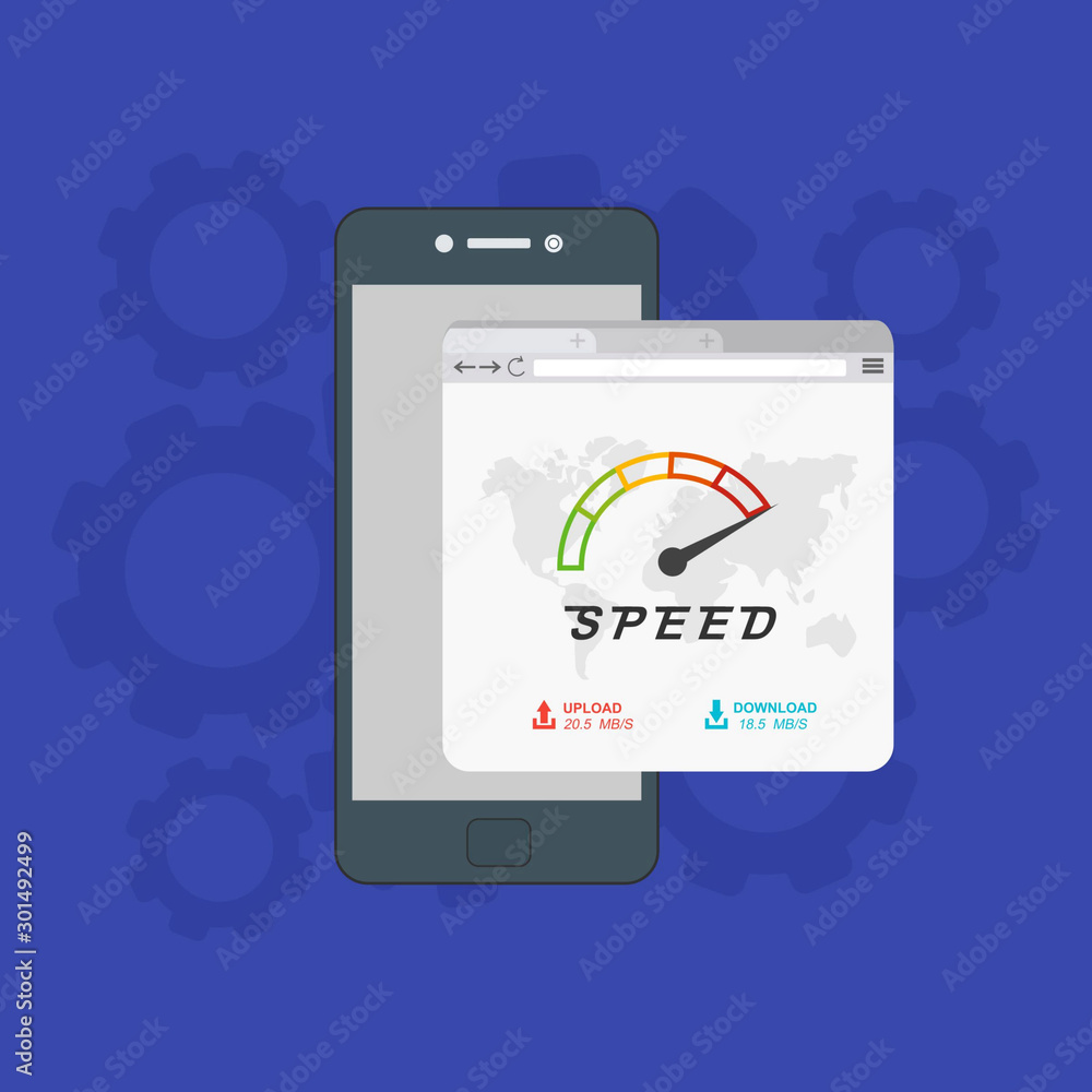 Site Speed Test Concept. smartphone with Speedometer Vector illustration Site Speed Test Concept. smartphone with Speedometer Vector illustration