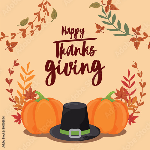 card with label happy thanksgiving and pumpkins