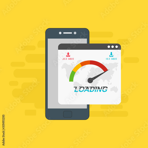 smartphone and internet speed icon. Flat design and technology concept. Vector illustration for web banner, business presentation, advertising material
