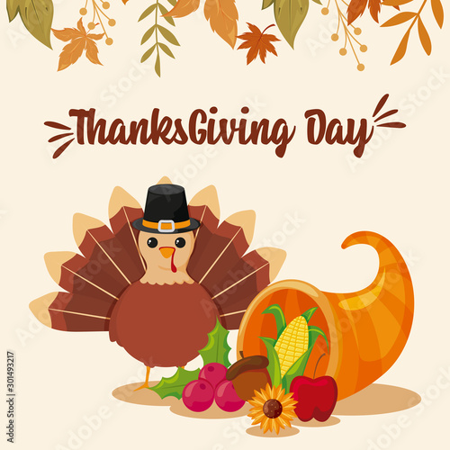 card with label happy thanksgiving and cartoon turkey