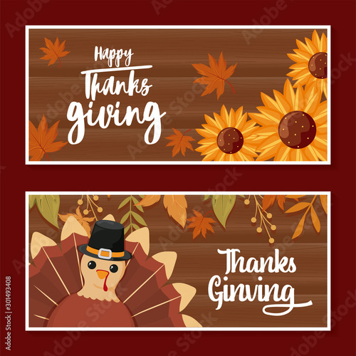 cards with label happy thanksgiving and cartoon turkey