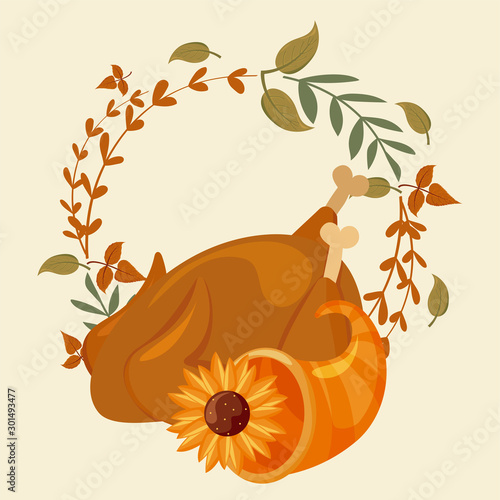 set of icons thanksgiving with autumn leaves of background