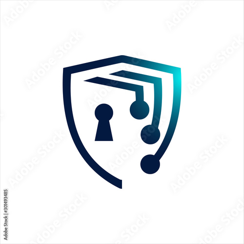 Abstract cyber security logo design vector. dot circle digital connection shield template.