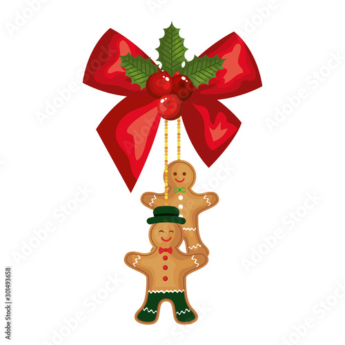 bow ribbon christmas with ginger cookies hanging vector illustration design