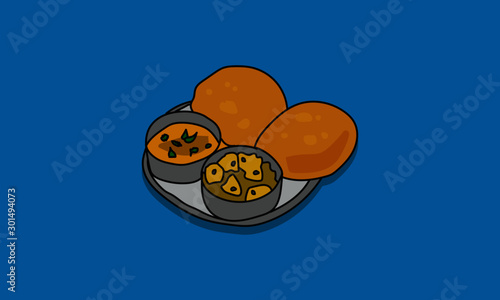 Poori Aloo Bhaaji Hand Drawn Vector Illustration 