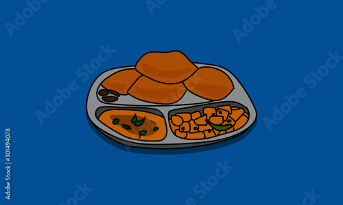 Poori Aloo Bhaaji Hand Drawn Vector Illustration 