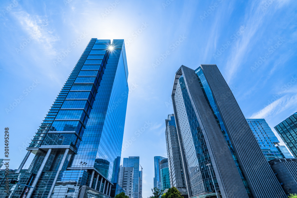 low angle view of skyscrapers in city of China.