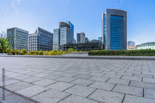 Photography cityscape and skyline of shanghai in blue sky from empty floor.