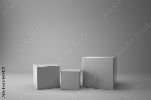 White Podium Box Cubes 3D Blank Display On Empty White Backdrop With Boxes