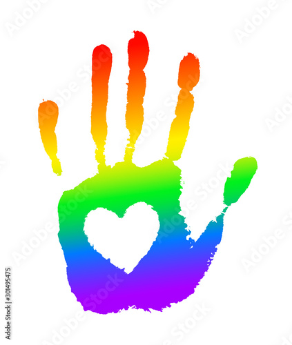 Rainbow hand print with heart isolated on white. Pride LGBT symbol. Stop homophobia poster.