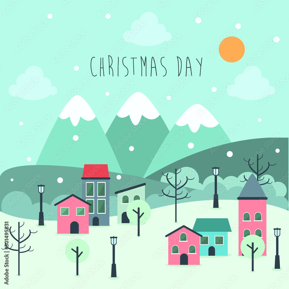 christmas card with houses and trees. christmas town day. flat design illustration