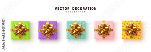 Set of gifts box. Collection realistic gift presents, wrapping paper with pattern, color yellow, blue, purple and pink. flat lay, top view.