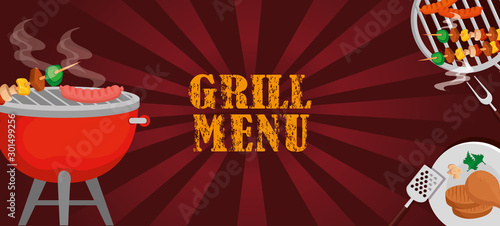 grill menu with oven and delicious food vector illustration design