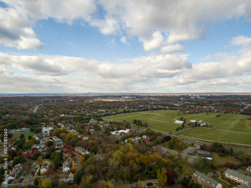 Aerial view of Rockville and Gaithersburg in Montgomery County, Maryland with Sugarloaf Mountain on the horizon.