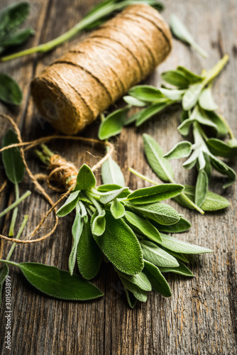 Foto Bunch of fresh green sage leaves on the rustic background