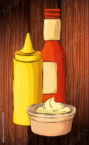 set of delicious sauces in wooden background vector illustration design