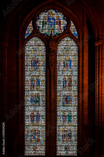 LIVERPOOL, ENGLAND, DECEMBER 27, 2018: Stained glass from interior of the Church of England Anglican Cathedral of the Diocese of Liverpool.