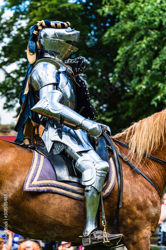 Knights mounted on horseback prepare to joust during a tournament in Turku, Finland.