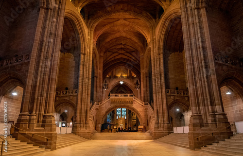 LIVERPOOL, ENGLAND, DECEMBER 27, 2018: Panoramic view of the magnificent huge entrance hall of the Church of England Anglican Cathedral of the Diocese of Liverpool.