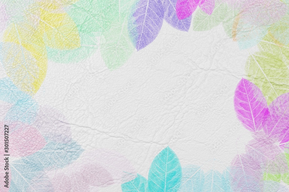 colorful leaves pattern on white leather texture,gradient color pastel autumn leaf,ideas graphic design for web or banner