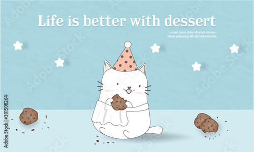 sweet cat eat cookies wear party hat.smiling blue paper background.stars cover banner dessert lover.bakery cafe design happy delicious.adorable character design kawaii animal.kitty apastel vector photo