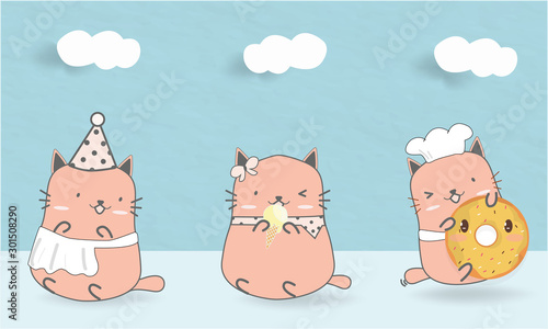 sweet pastel cat action.kawaii animal holding donut ice cream chef design.cover banner for bakery product.dessert delicious paper background cloud cute style set.charater adorable cartoon.bow and hat.