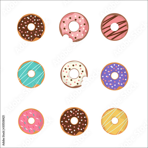 sweet donut set silhouette white cute chocolate glaze yummy decorate sprinkle sugar.deliciouse bakery dessert food celebrate party.snack lover isolate vector pastel