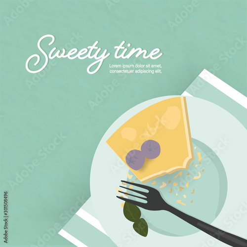 sweet blue berry lemon pie tart put on green plate and fabric cover.fork mint decoration bite.paper background food bakery product lover.cute template cooking cafe design.yummy good dessert