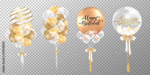 Golden balloons on transparent background. Realistic glossy luxury gold balloons vector illustration. Party balloons decorations wedding, birthday, celebration and anniversary card design. 