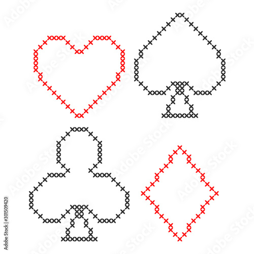 Card suits, diamonds, spades, hearts, clubs. Geometric background. Imitation cross stitch. Decorative symbols.