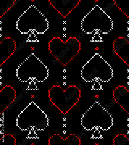 Card suits, diamonds, spades, hearts, clubs. Geometric background. Imitation cross stitch. Seamless decorative design.