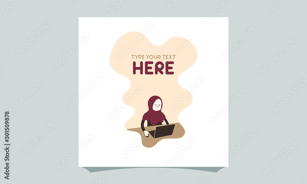 Fototapeta premium Minimalist vector flat character design on business woman working in office behind her desk with laptop. Business woman using laptop