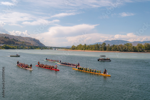 Dragon boat paddling group race competition kamloops downtown, BC, Canada.