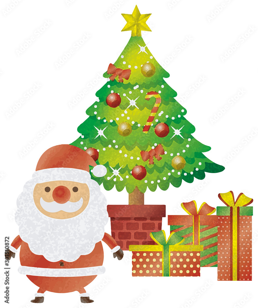 サンタとクリスマスツリーとプレゼントのイメージイラスト（水彩風）