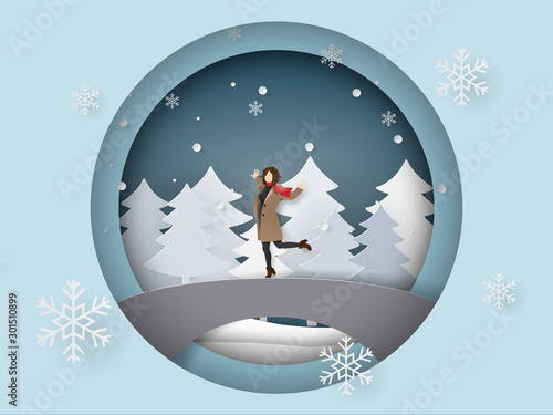 Paper art and craft style of winter season, A happy woman wearing clothes and scarf standing on the bridge with snowing, welcome winter season