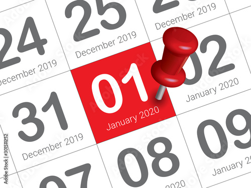 Close up of first day of the year 2020 on diary calendar.