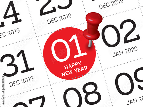 Close up of first day of the year 2020 on diary calendar.