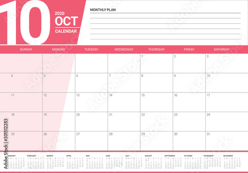 October 2020 desk calendar vector illustration