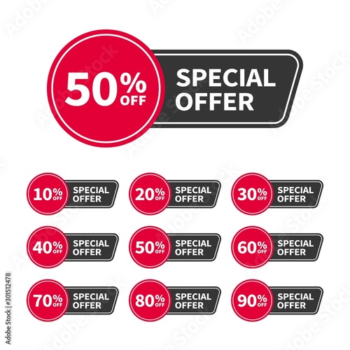 Modern sale tags or banners set with text Today Offer for use in ad, web and print design. Trendy badges template, up to 10, 20, 30, 40, 50, 60, 70, 80, 90 percent off. Vector flat style.
