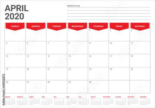 April 2020 desk calendar vector illustration