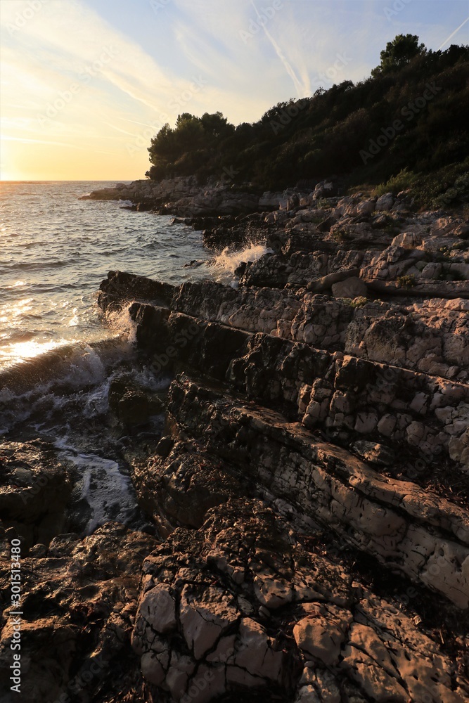 rugged rocky coast with waves, Mljet Island, Croatia, Dalmatia