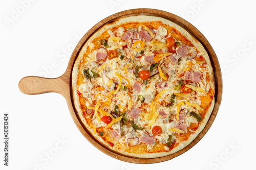 Appetizing vegetarian pizza on a wooden board. Traditional italian food. Top view. Isolated over white background.