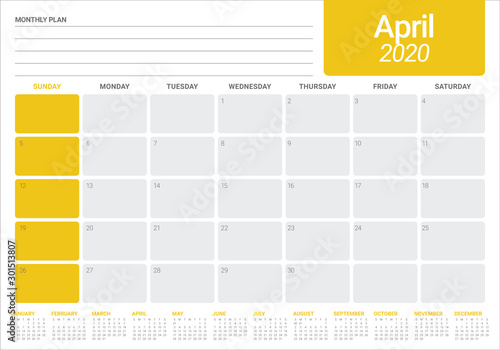 April 2020 desk calendar vector illustration