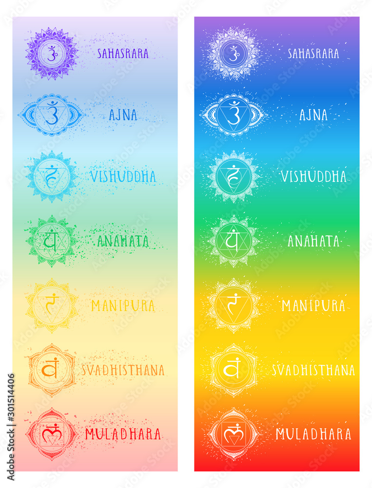 Set of two illustration of seven chakra symbols with grunge elements .