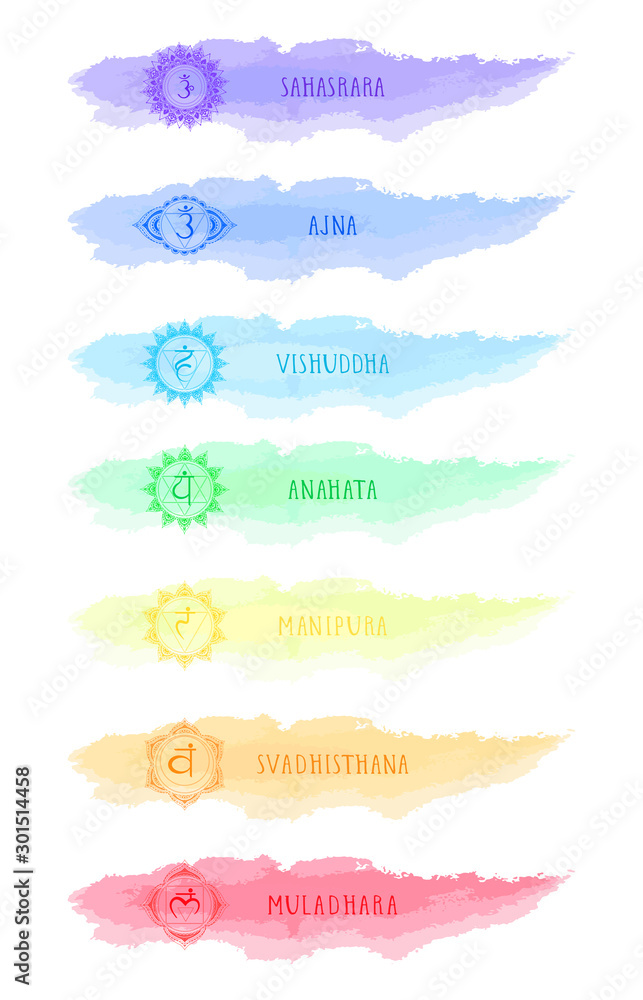 Vector illustration of seven chakra symbols and watercolor blots. - obrazy, fototapety, plakaty 