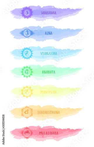 Vector illustration of seven chakra symbols and watercolor blots.