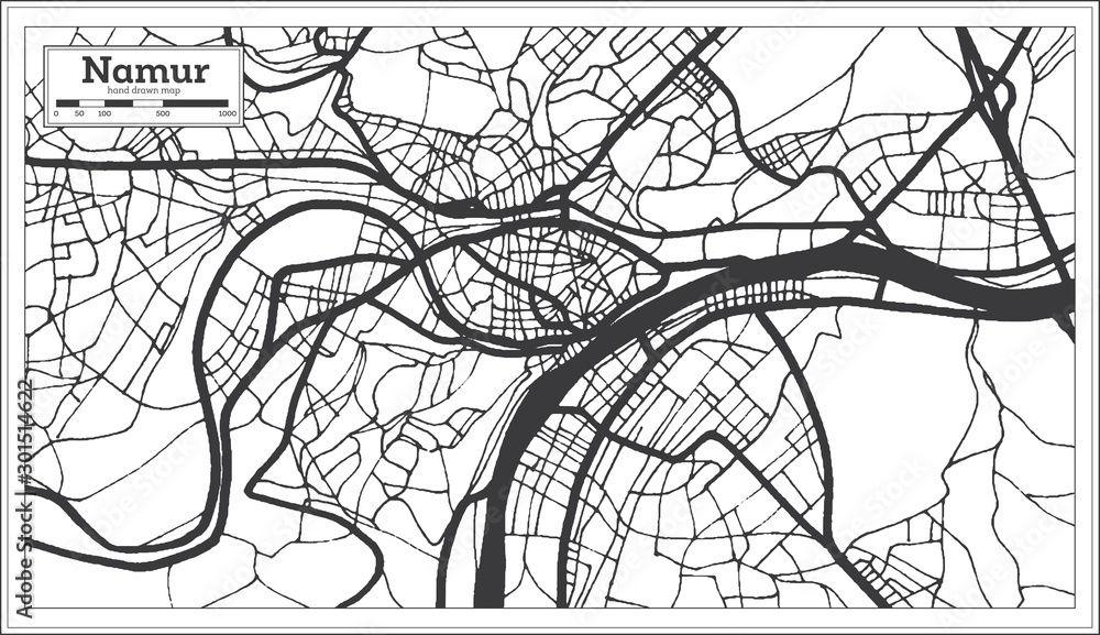 Namur Belgium City Map in Black and White Color. Outline Map.