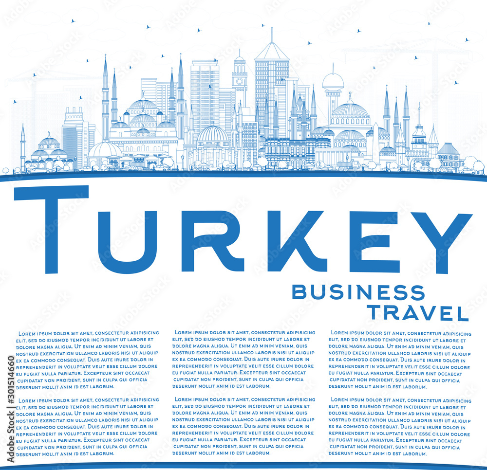 Outline Turkey City Skyline with Blue Buildings and Copy Space.
