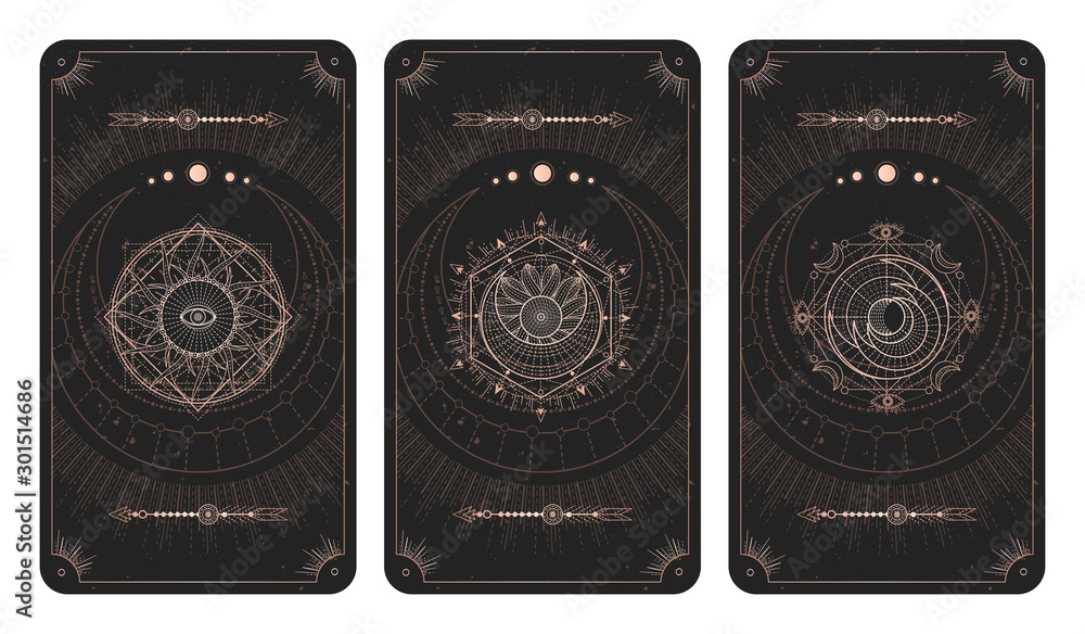 Vector set of three dark backgrounds with sacred symbols, grunge textures and frames. Illustration in black and gold colors. Vector set of three dark backgrounds with sacred symbols, grunge textures and frames. Illustration in black and gold colors.