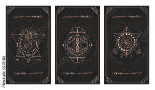 Vector set of three dark backgrounds with sacred symbols, grunge textures and frames. Illustration in black and gold colors.